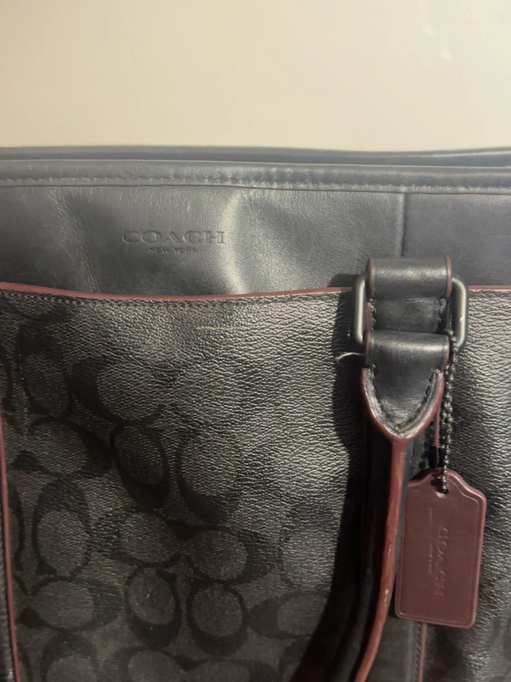 Coach Black Signature work Tote with Brown Trim